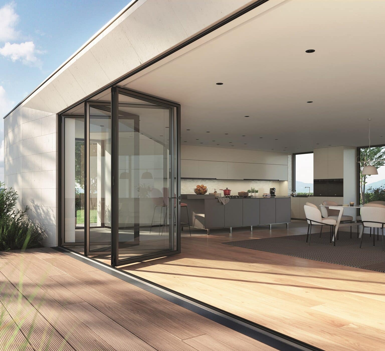 Schüco AS FD 75 bifold door partially folded in a new extension